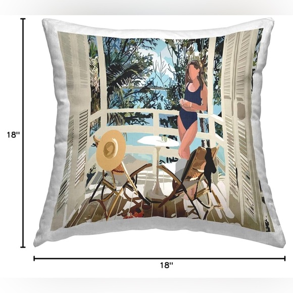 Lounging Woman Coastal Beach Balcony Decorative Printed Throw Pillow NIP
